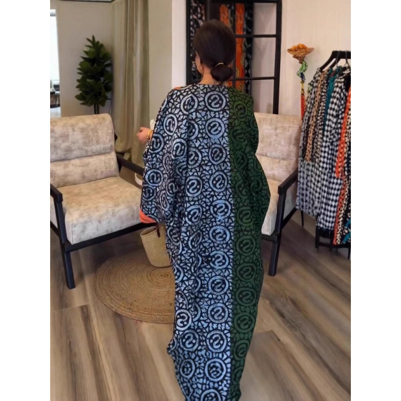 Women's V-Neck Digital Print Colorblock Long Sleeve Long Dress