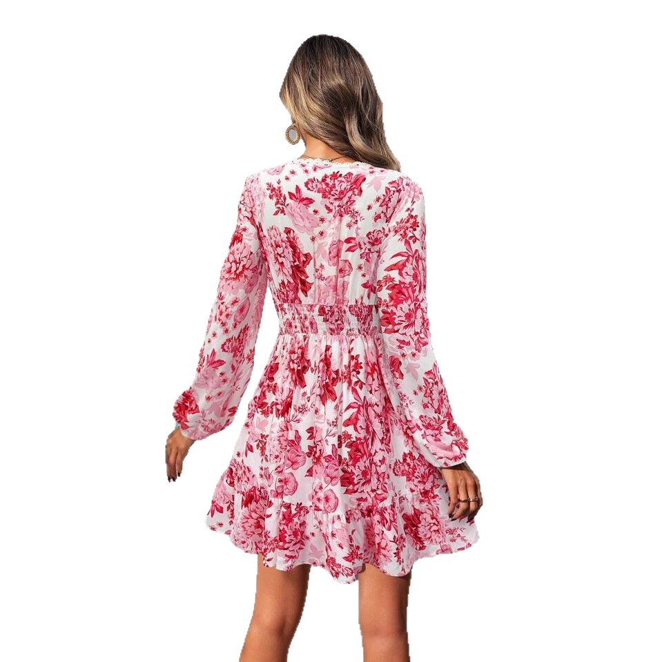 Women's Lace Trim V-Neck Printed Long Sleeve Casual Dress
