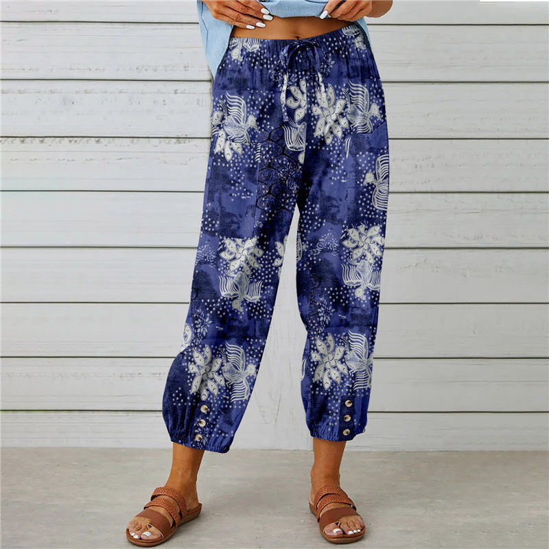 Cotton-Linen High-Waist Drawstring Cropped Pants with Vintage Print