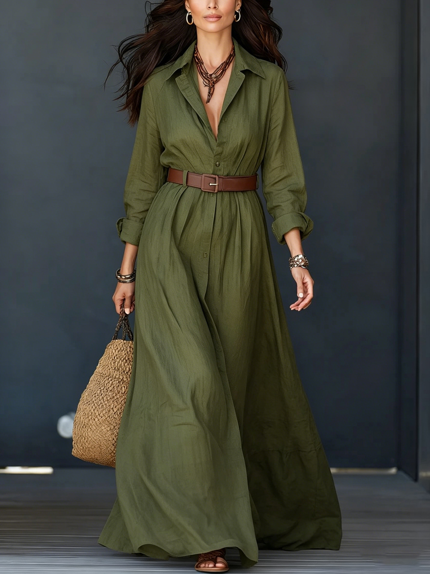 Cotton-Linen Shirt Dress with Collar, Long Sleeves, Belted Waist, Floor-Length