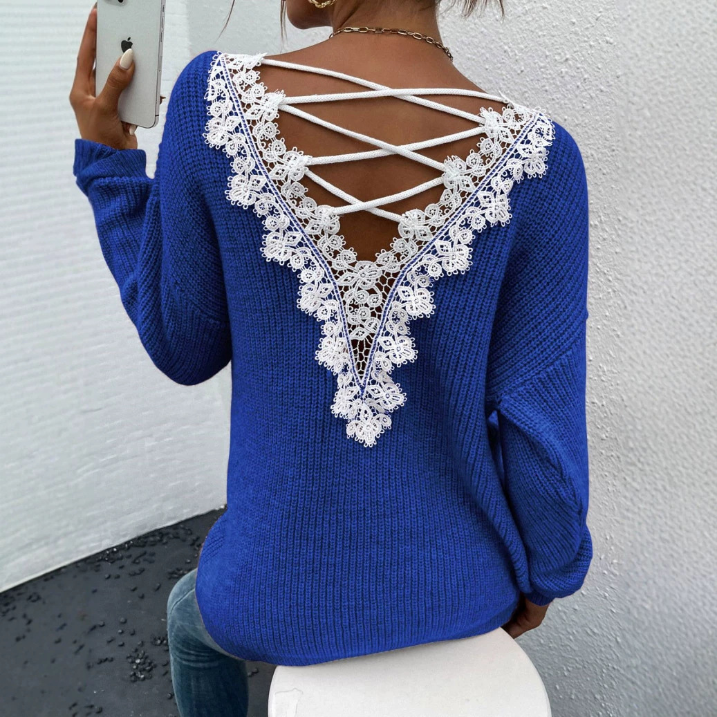 French Lace V-Neck Open-Back Long-Sleeve Sweater