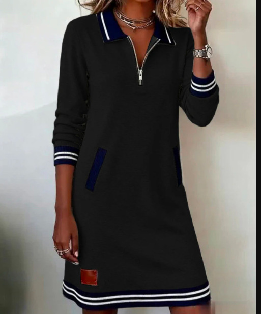 Women's Casual Zip-Up Long Sleeve Sweatshirt Dress Colorblock