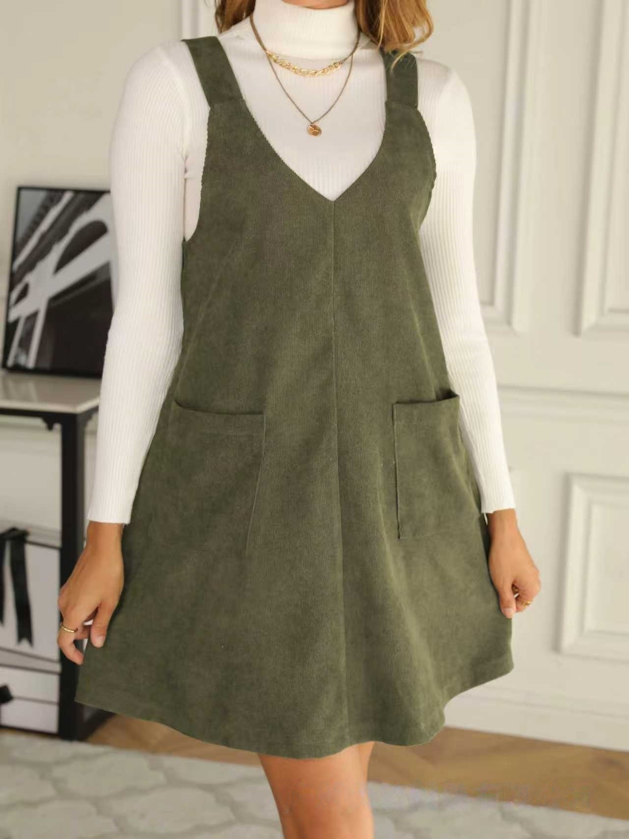 Corduroy V-Neck Pinafore Dress with Pockets