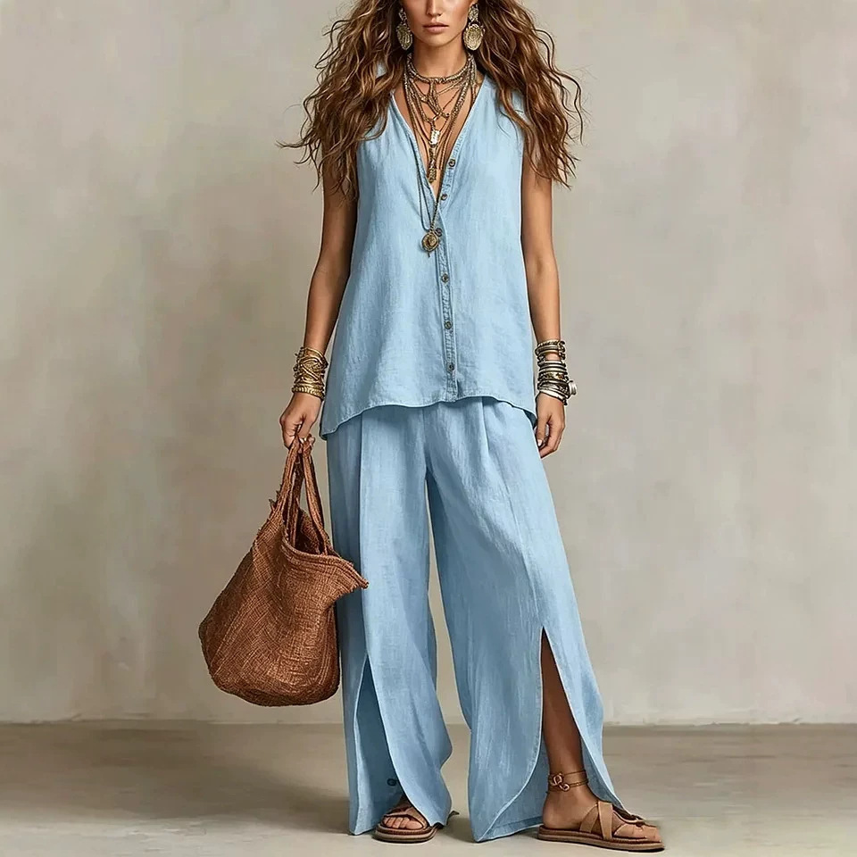 Women's Sleeveless V-Neck Button Lounge Set Casual Beach Two-Piece