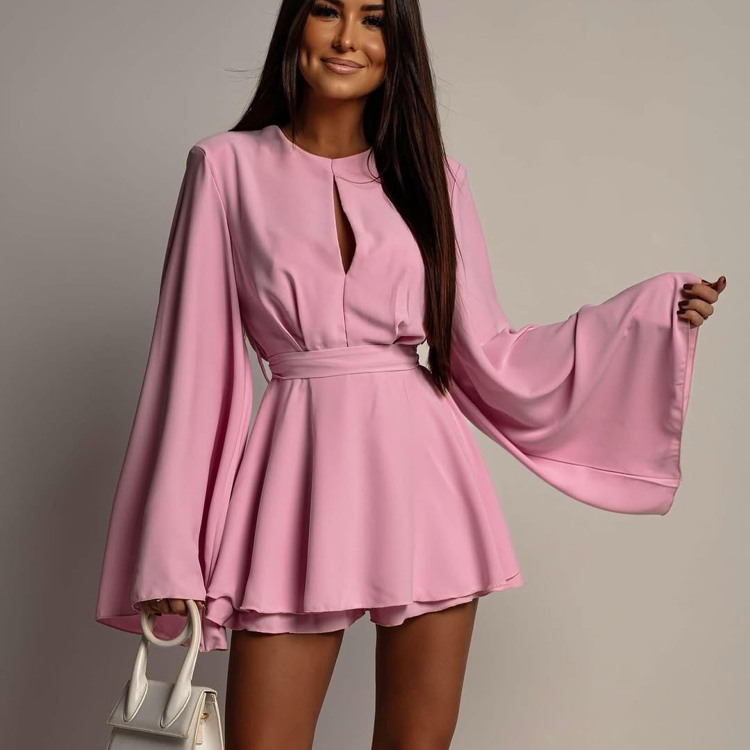 Women's Open-Back A-Line Mini Dress with Waist Tie and Flared Sleeves
