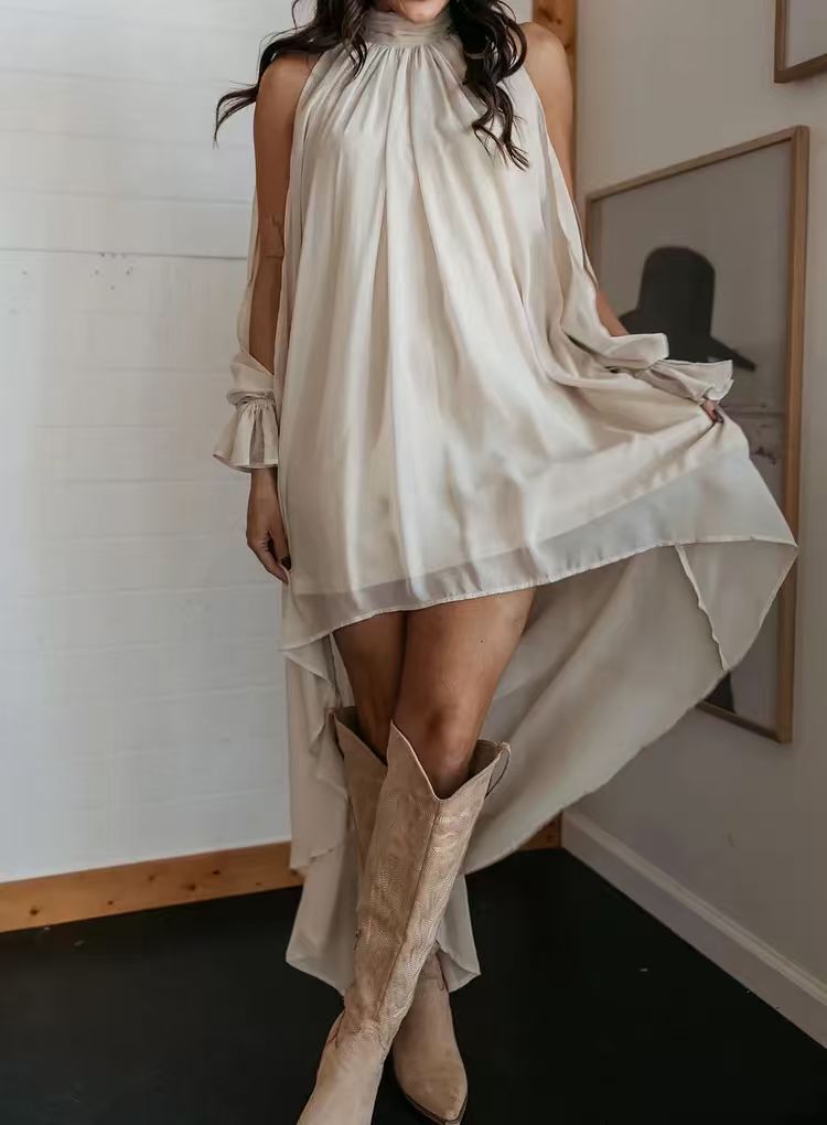 High Neck Irregular Chiffon Dress Long Sleeve Tie Flowy Maxi