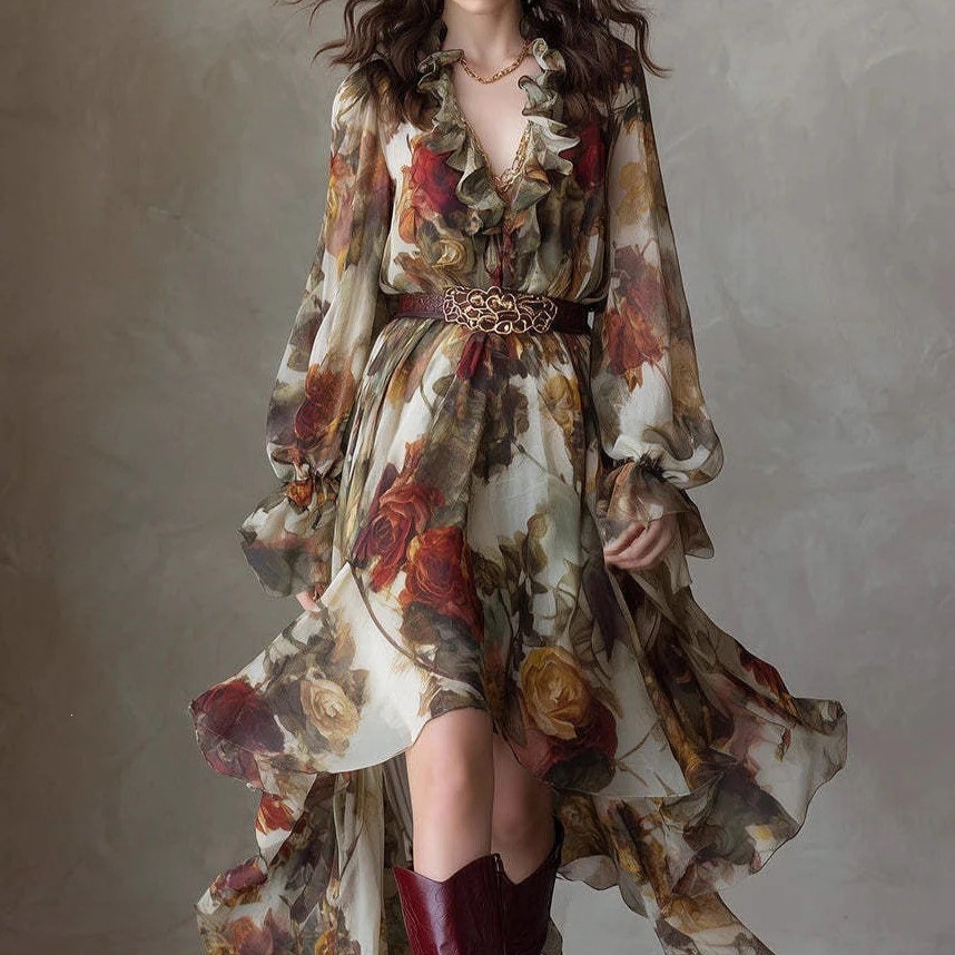 Vintage Rose Print Ruffle V-Neck Long Sleeve Cinched Waist Asymmetric Chiffon Dress