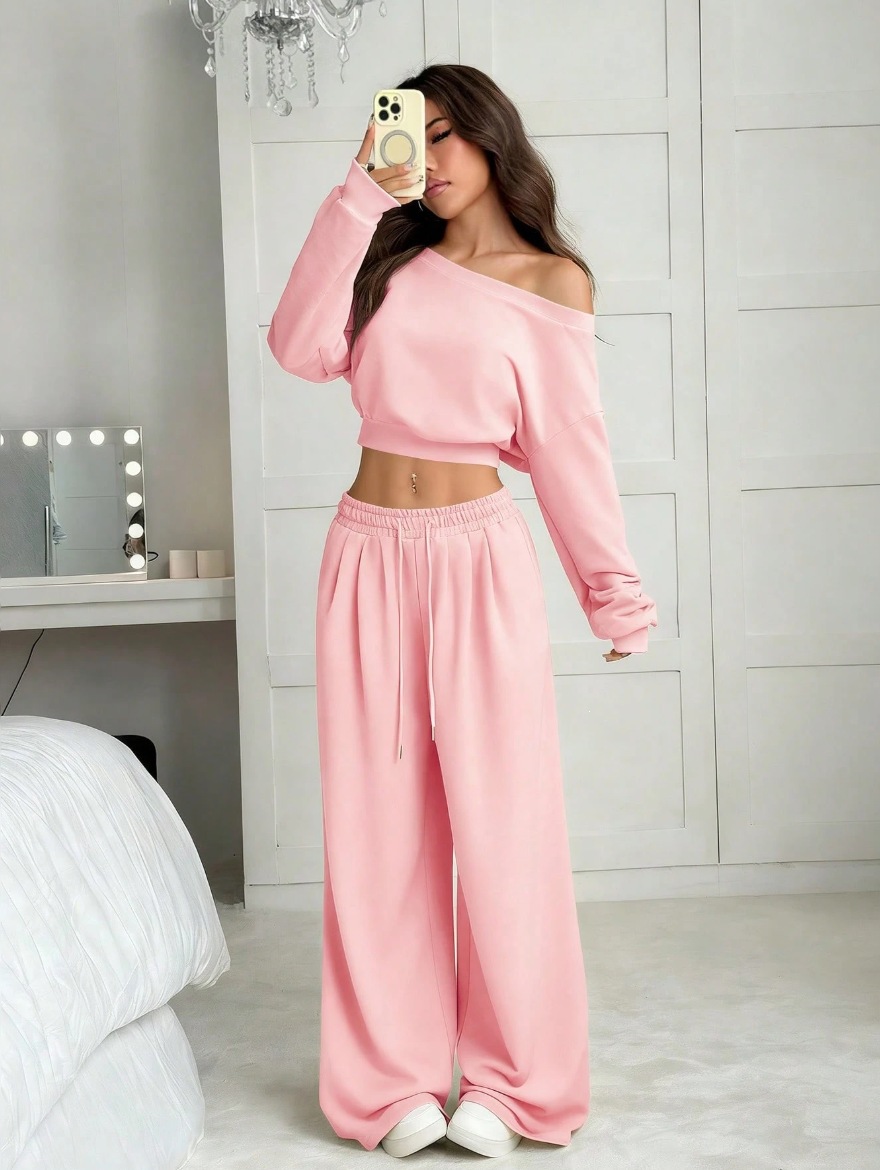 Women's Long Sleeve One-Shoulder High Waist Wide Leg Pants Hoodie Set