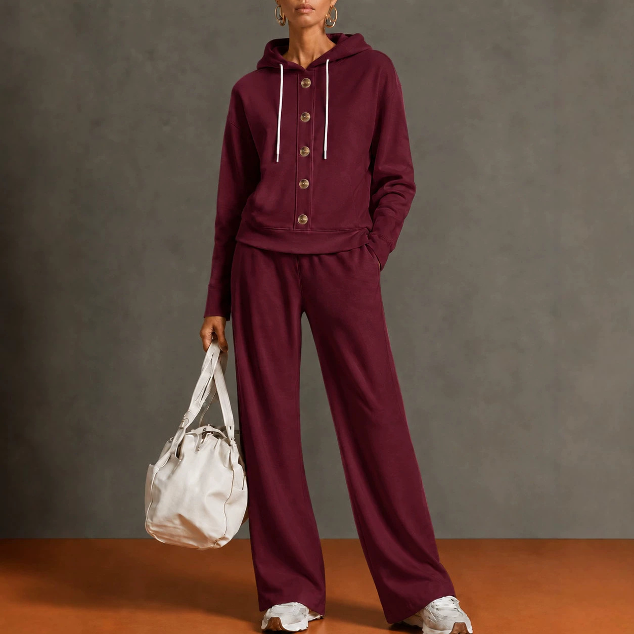 Women's Solid Color Hooded Button Sweatshirt & Wide-Leg Pants 2-Piece Set