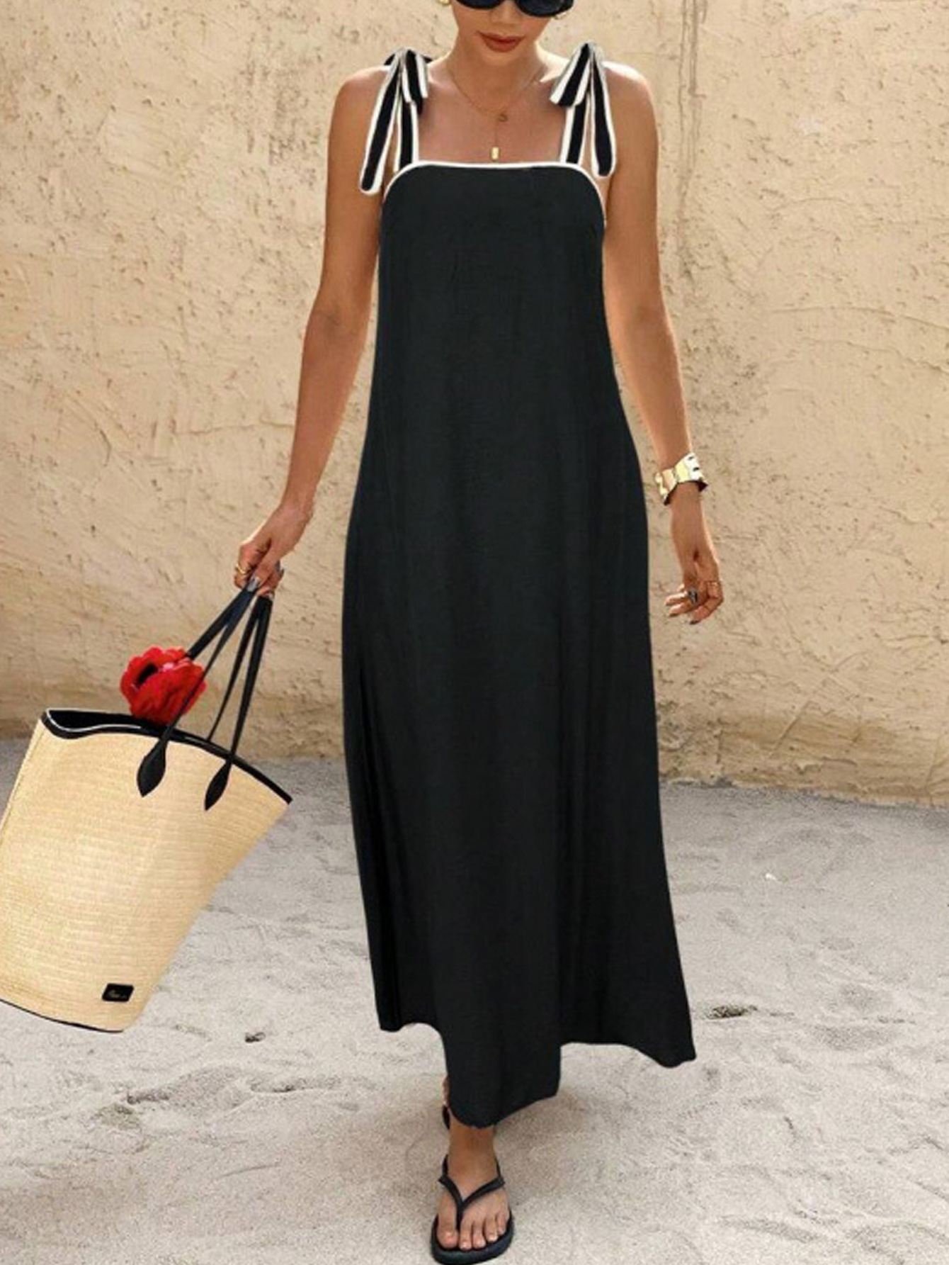 Women's Off-Shoulder Tie-Front A-Line Midi Dress