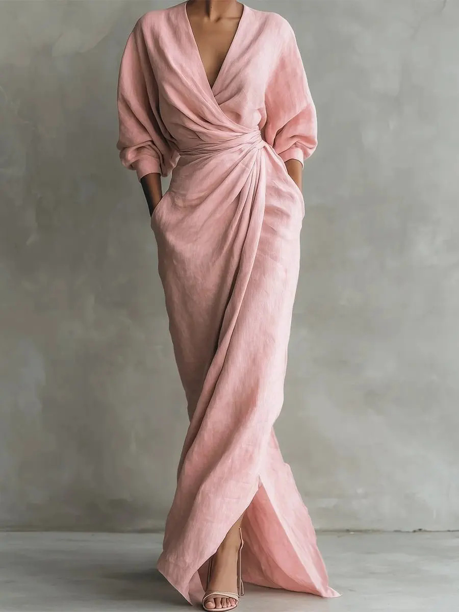 Elegant Solid V-Neck Long Sleeve Slit Waist Pocket Long Dress