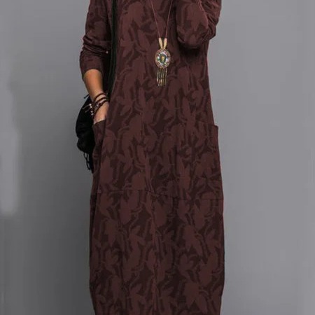 Women's Printed Round Neck Long Sleeve Pocket Dress