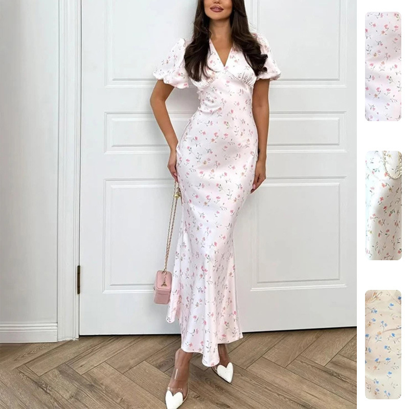 Floral Print V-Neck High-Waist Slim Fit Midi Dress