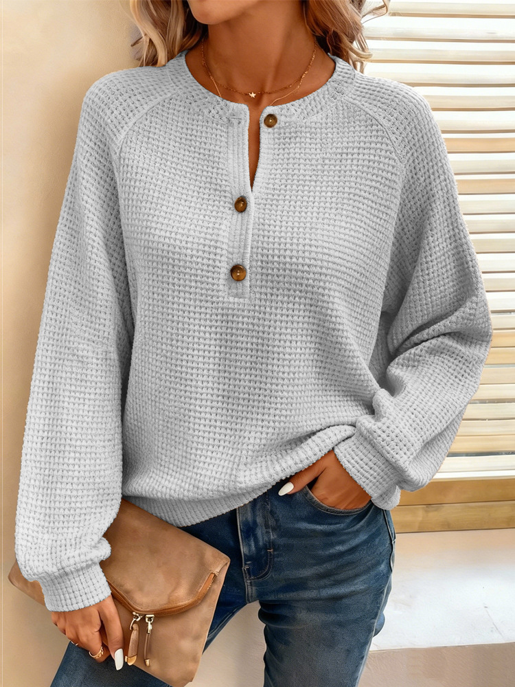 Women's Waffle Knit Long Sleeve Pullover Top Solid Color Crew Neck