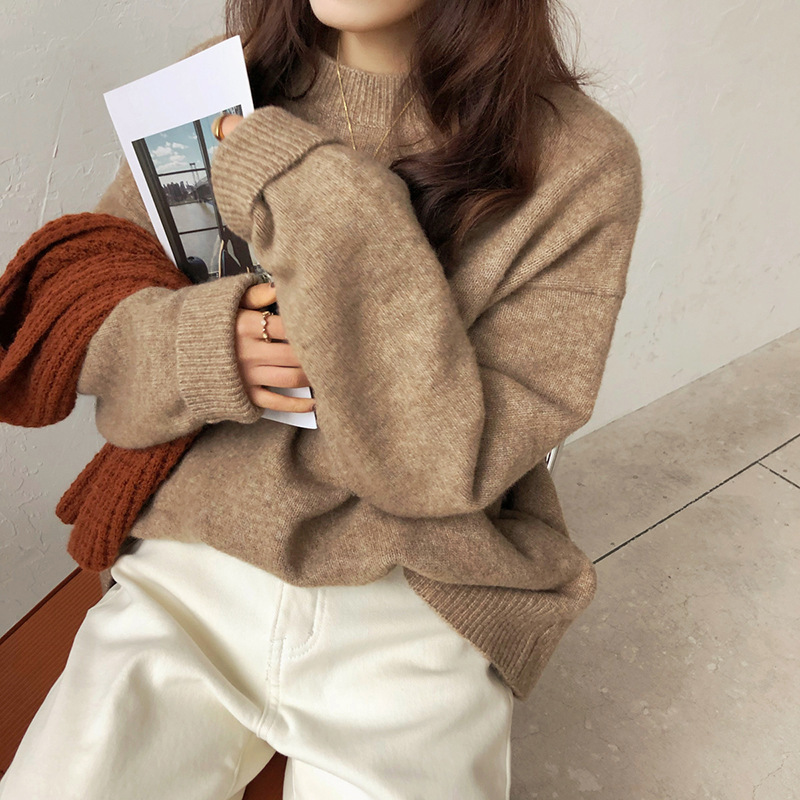 Women's Crewneck Sweater Loose Retro Solid Color Pullover Soft Thick Knit