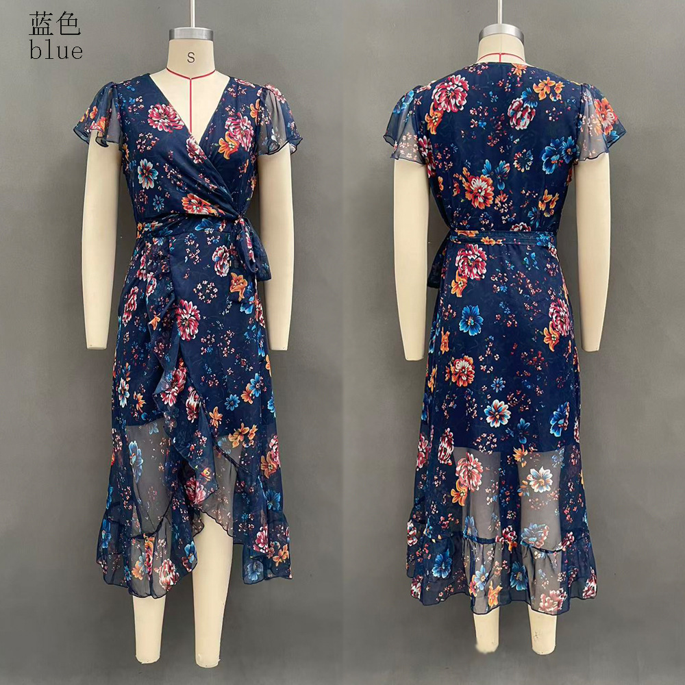 V-Neck Irregular 3D Digital Print Maxi Dress