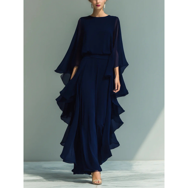 Women's Navy Chiffon Top and Straight-Leg Pants Set with Ruffle Bell Sleeves