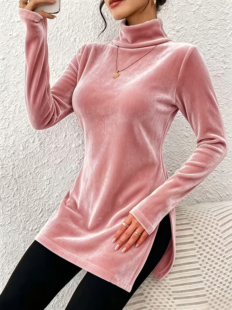 Women's Velvet High Neck Split Slim Fit Pullover Top
