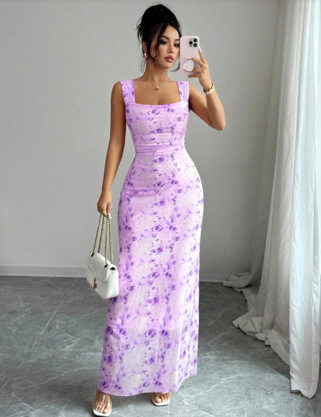 Slim-Fit Floral Print Sleeveless Long Dress