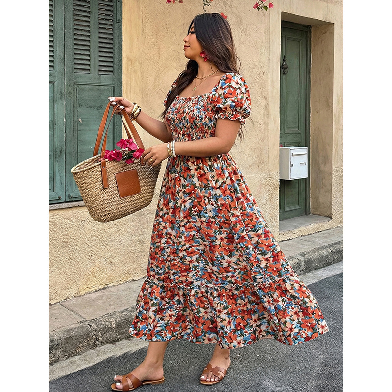 Plus Size Floral Square Neck Puff Sleeve A-Line Midi Dress