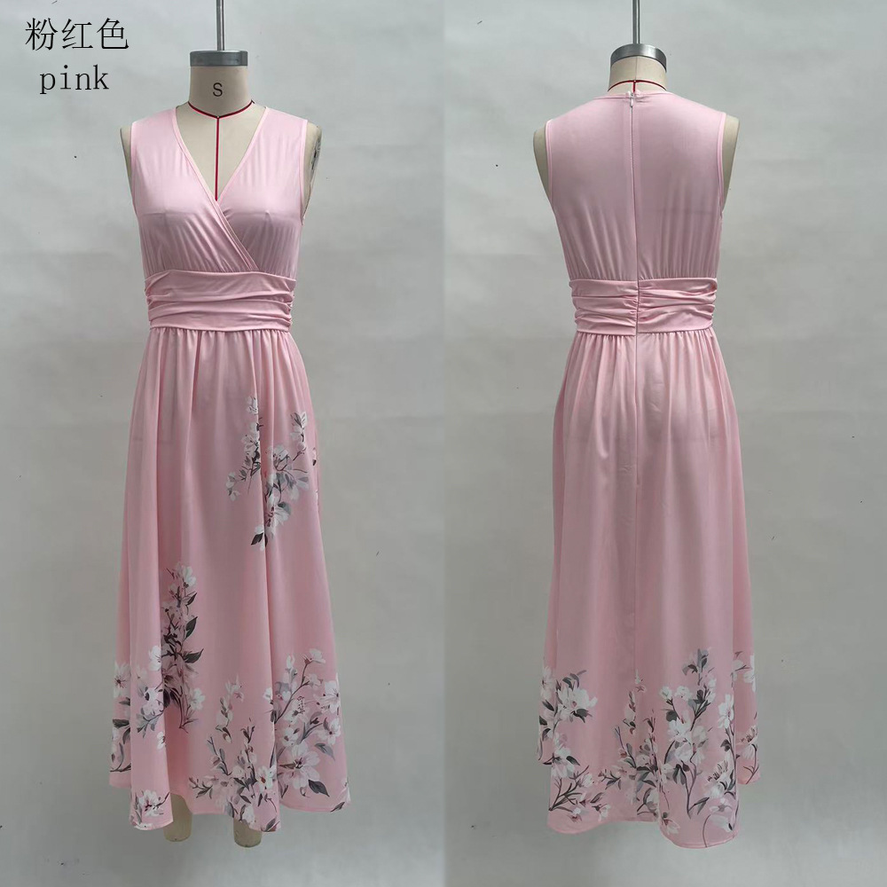 Floral Print Sleeveless V-Neck Pleated A-Line Maxi Dress