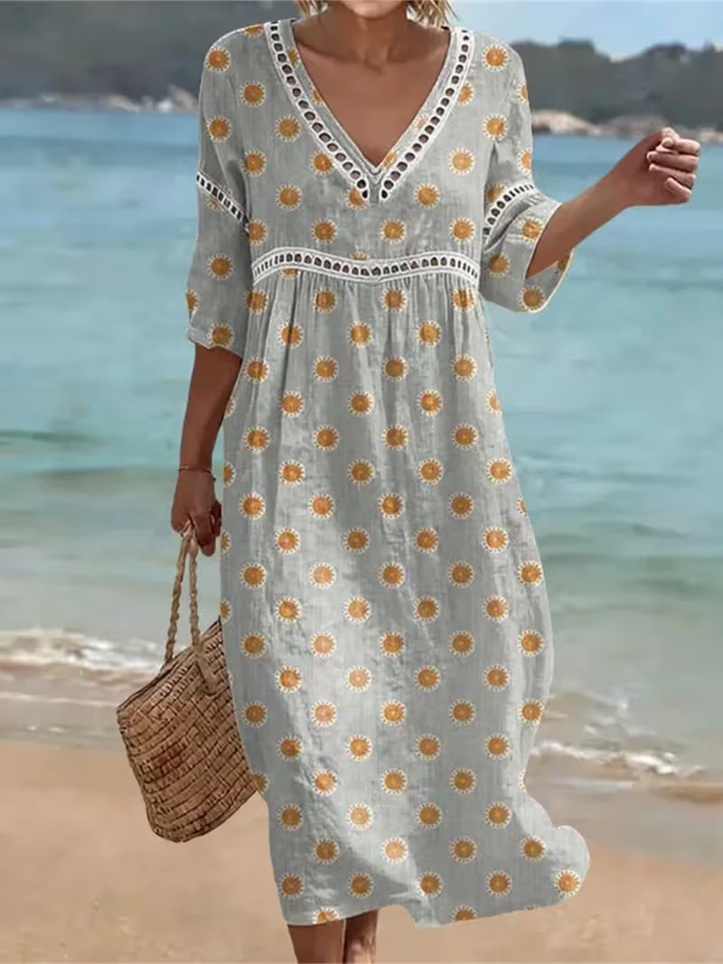 Women's Floral Polka Dot Print Pleated Midi Dress