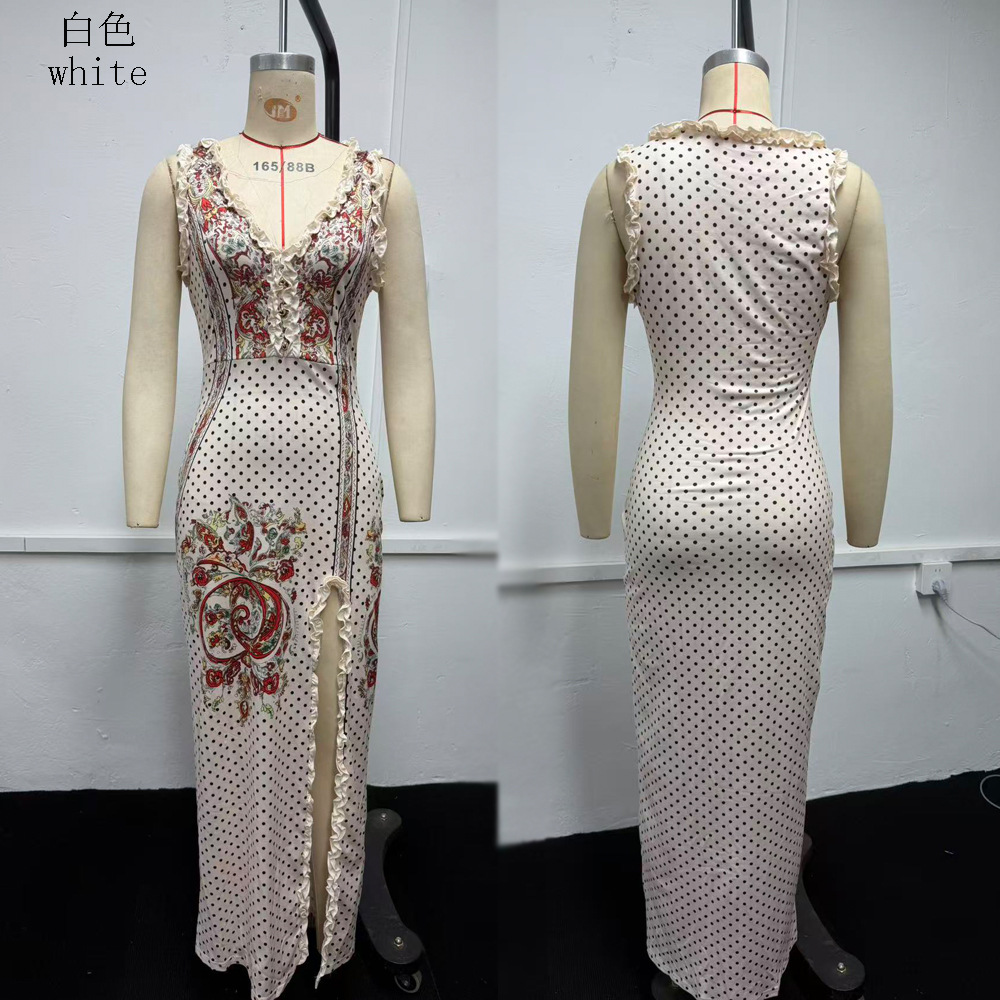 Women's Sleeveless V-Neck Digital Print Slit Long Dress