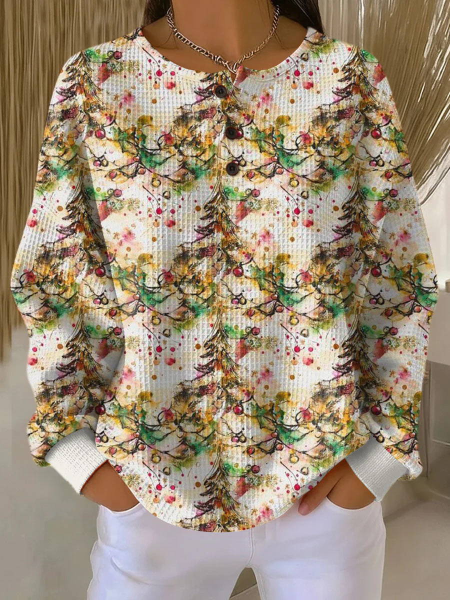 Women's Plaid Tree Floral Polka Dot Print Button Sweatshirt