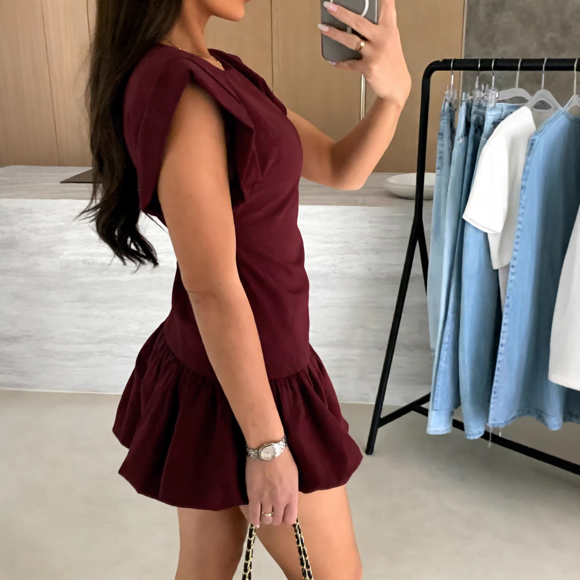Round Neck Cap Sleeve Dress with Cinched Waist and Ruffle Hem