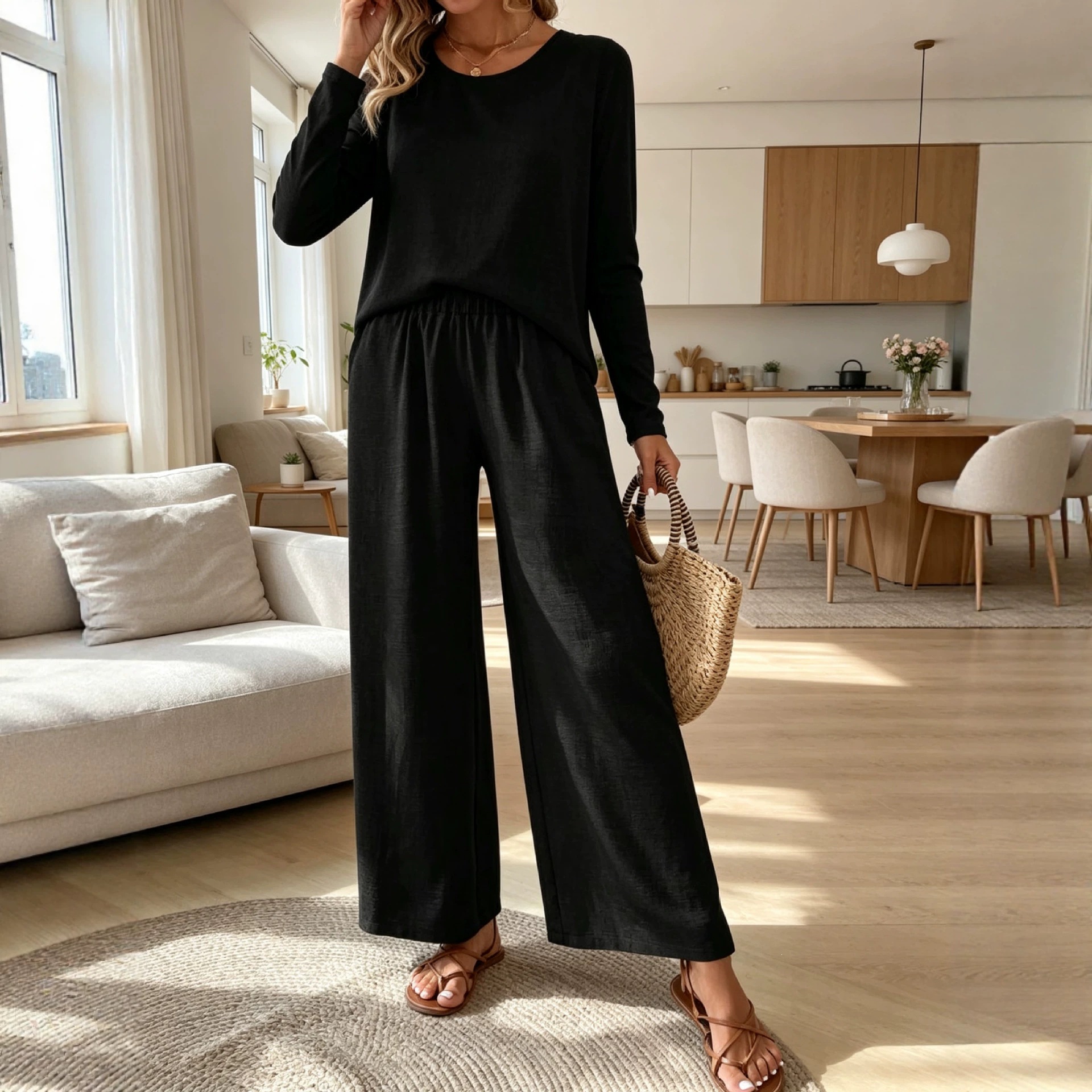 Women's Open-Back Crochet Top & High-Waist Wide-Leg Pants Set