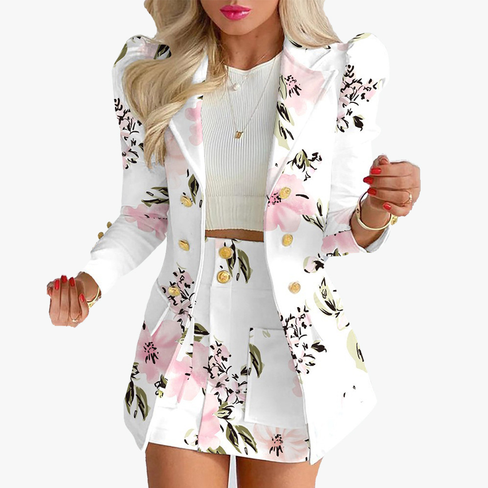 Women's Printed Long Sleeve Blazer and Skirt Set
