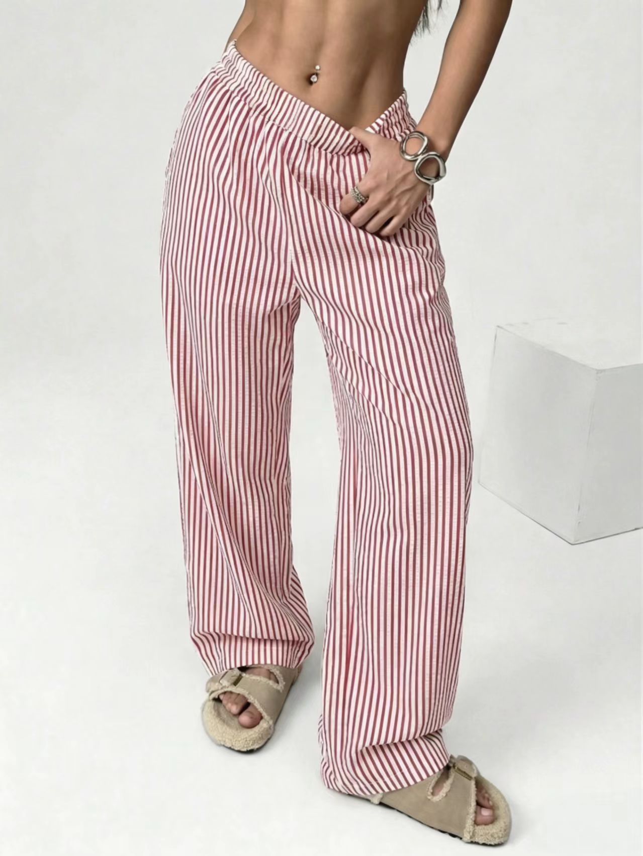 Striped Relaxed Elastic Waist Straight-Leg Pants with Pockets
