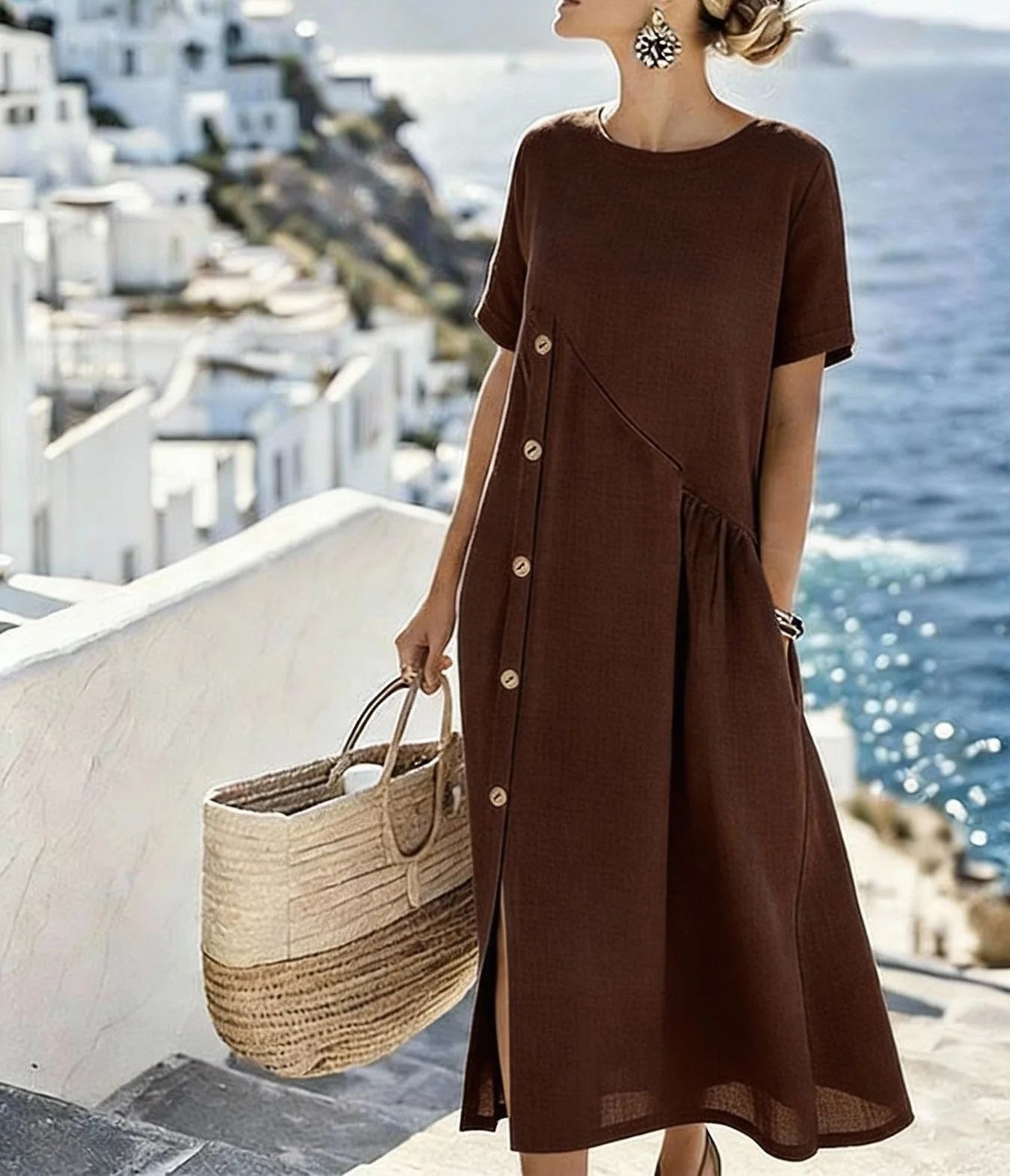 Casual Button-Trim Midi Dress with Pockets