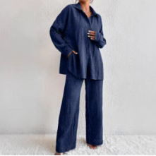 Women's Pleated Long Pants Long Sleeve Lapel Elegant Set