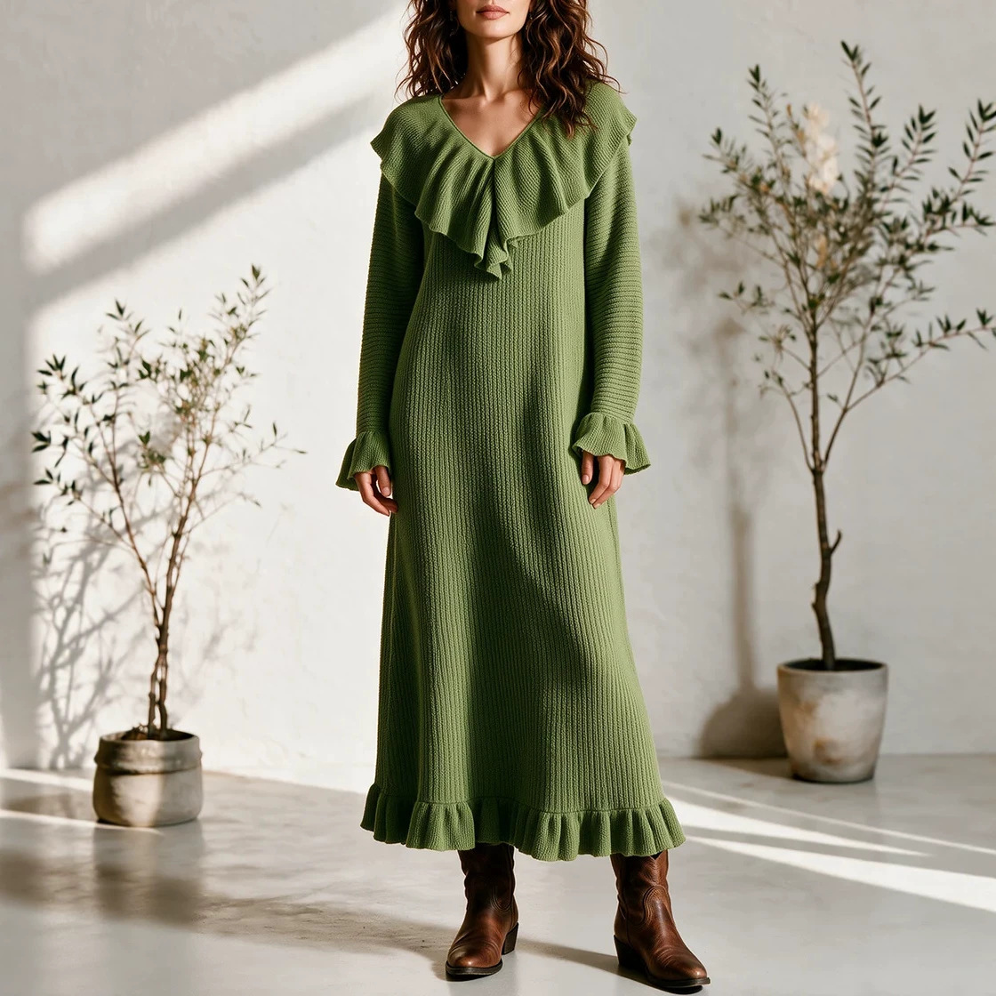 Women's French Style Ruffle Long Sleeve Knit Dress