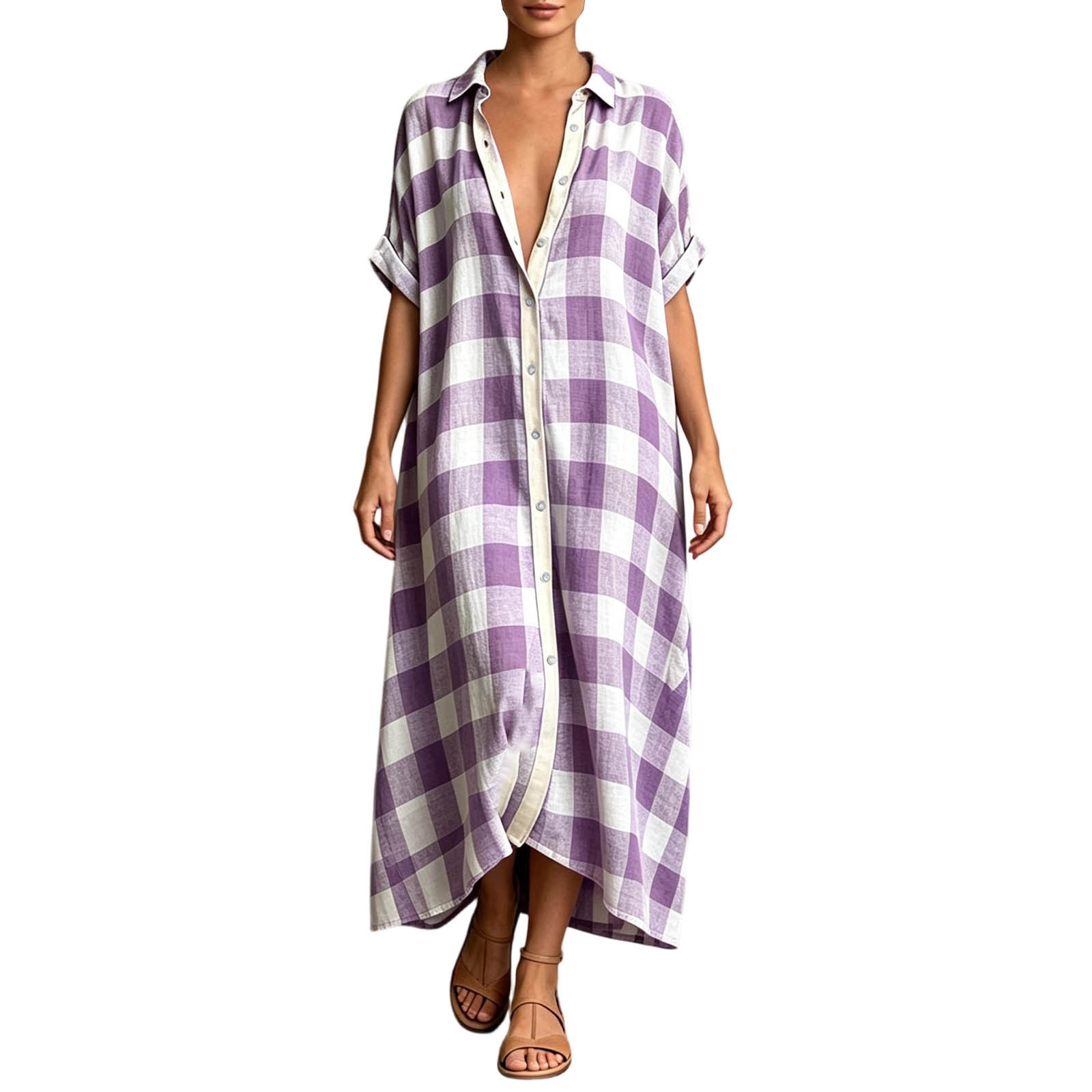 Women's Loose Plaid Shirt Dress Collared Button-Front Short Sleeve Long Vacation Dress
