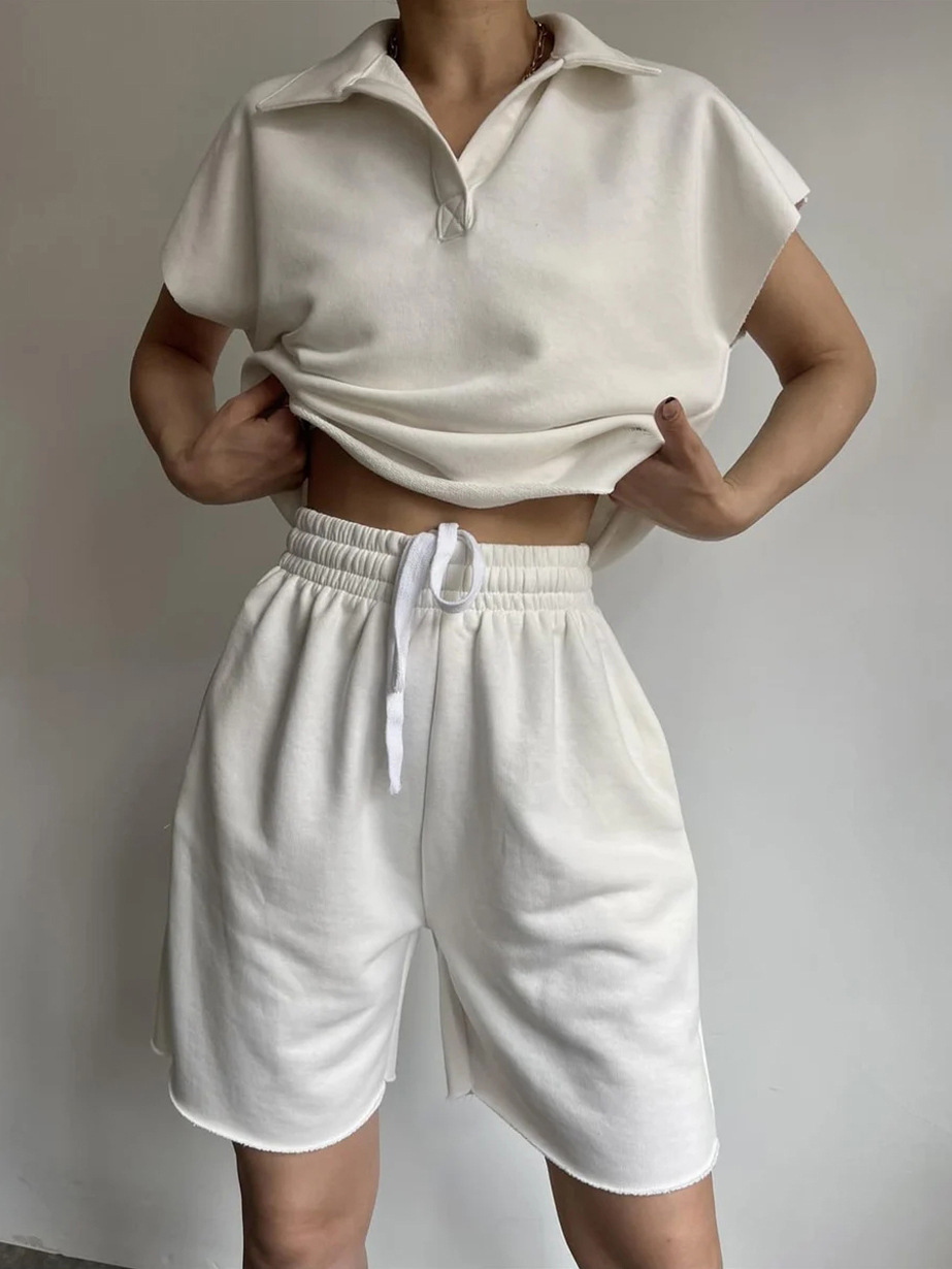 Women's Collared Long-Sleeve Loose Top and Tie Shorts Two-Piece Set