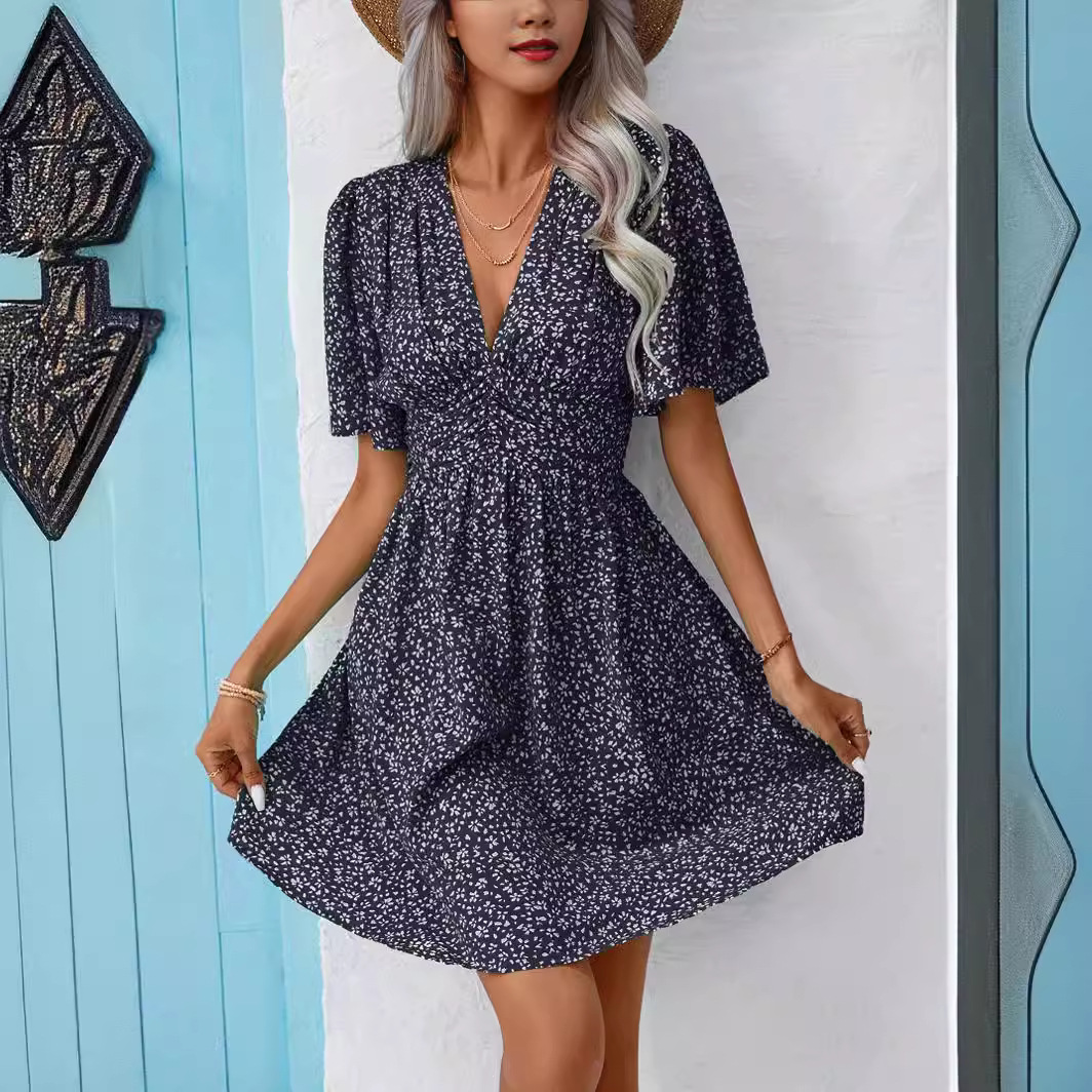 Women's Summer V-Neck Half-Sleeve Floral Pleated High-Waist Dress
