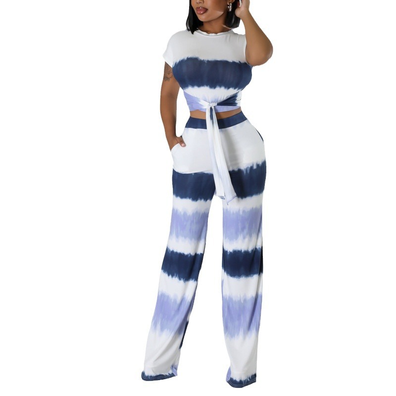 Women's Color-Block Tie-Waist Short-Sleeve Top and Pants Set