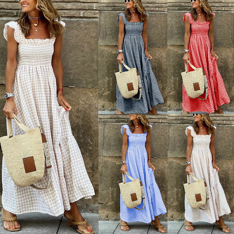 Women's Summer Plaid Print Sleeveless Maxi Dress