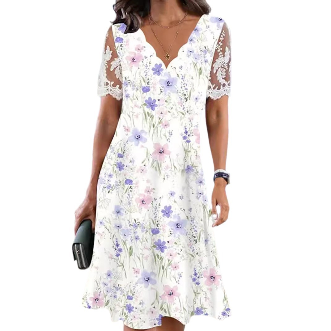 Women's Floral Print Lace Short Sleeve Wave Neck Dress