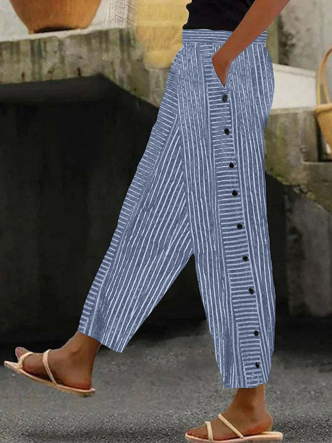 Women's Striped High-Waist Cropped Skinny Pants with Stretch