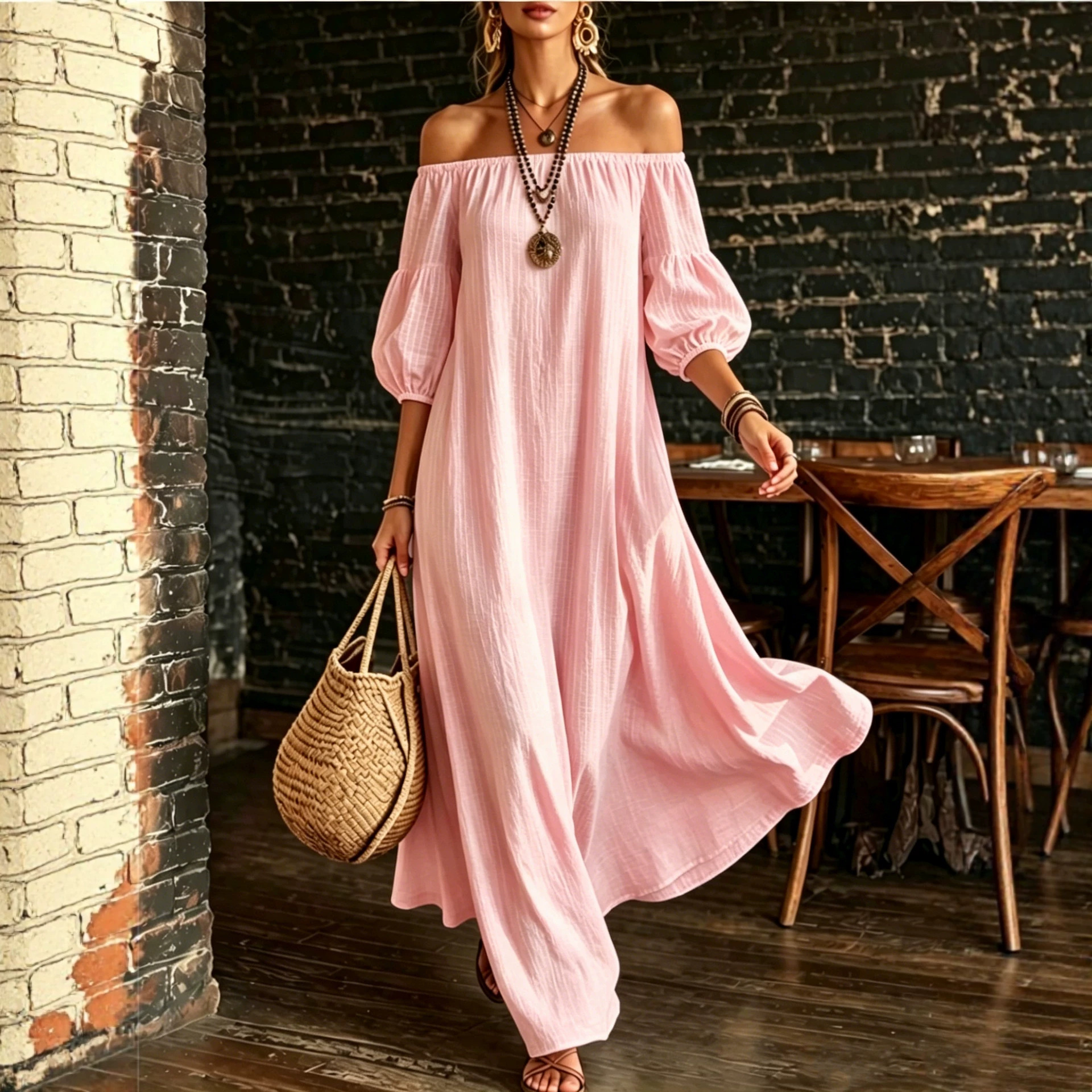 Off-Shoulder Puff Sleeve Textured Solid Color Dress Women Loose Flowy Vacation Beach Long Dress