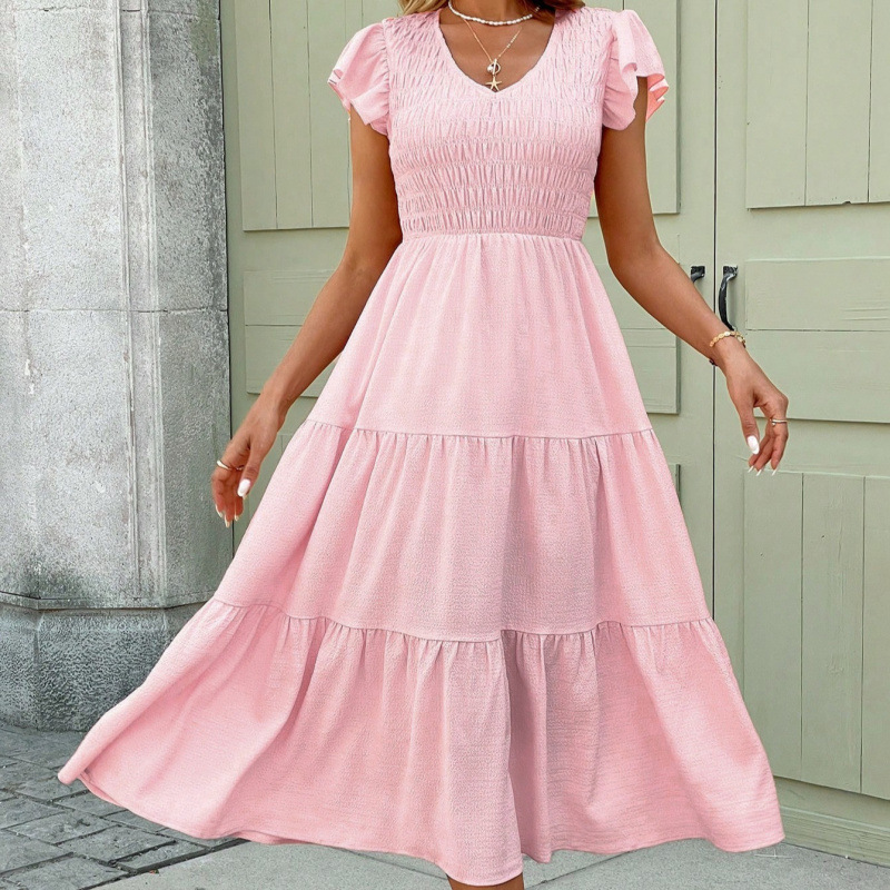 Solid Color Flutter Sleeve Dress