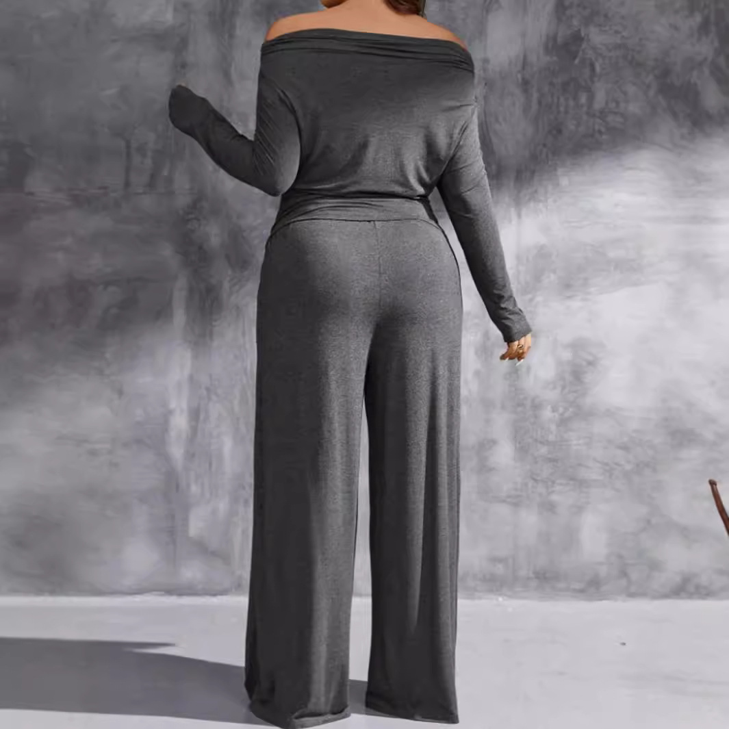 Off-Shoulder Ruched Top & Wide-Leg Pants Set Dark Gray