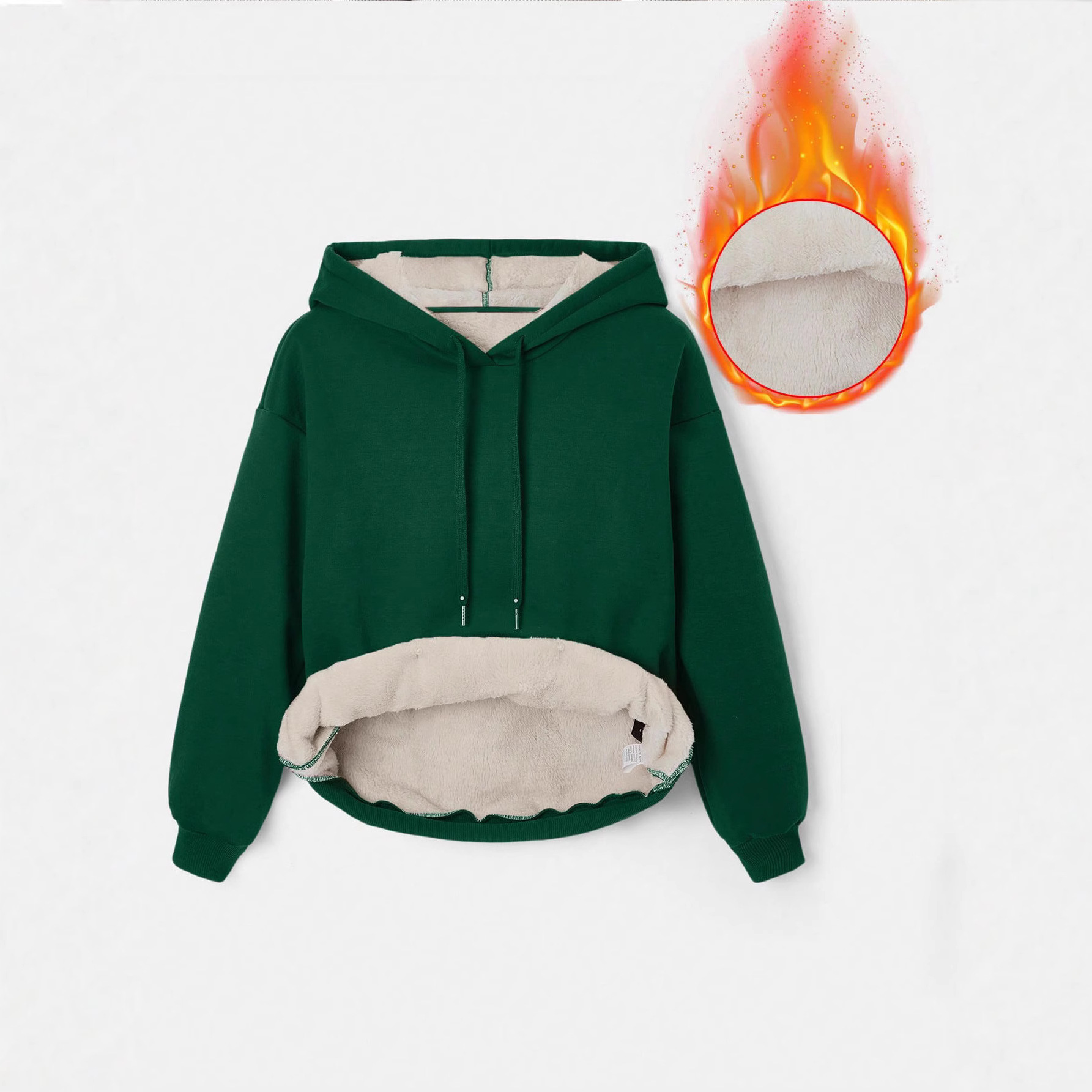 Fleece-Lined Hooded Pullover Sweatshirt Solid Color Thick Warm Loose Fit
