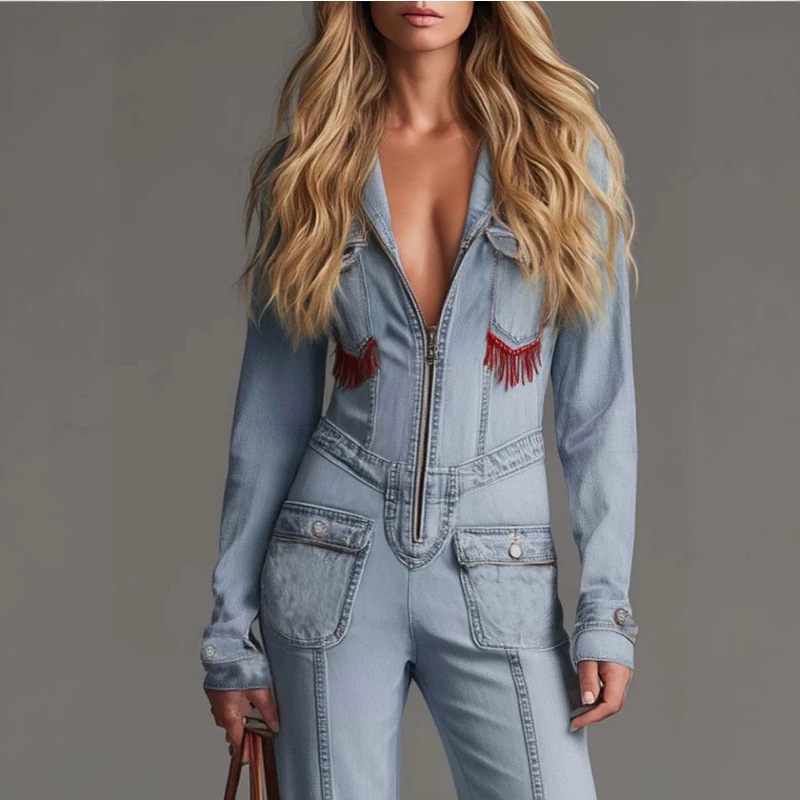 Retro Blue Red Fringe Zip Jumpsuit