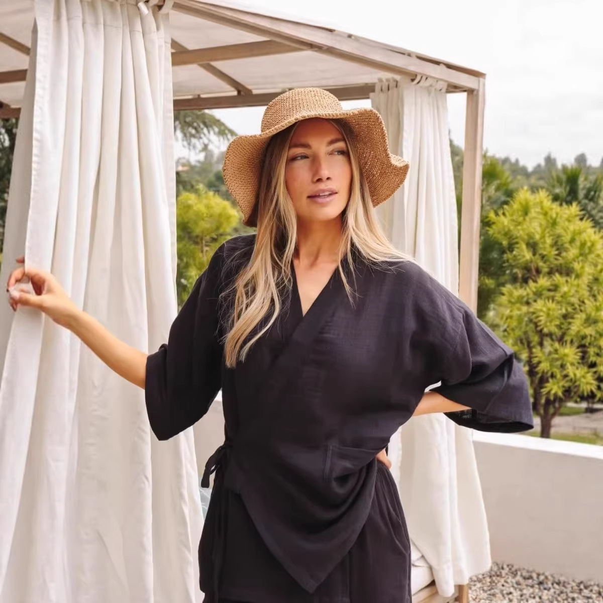 Women's Spring Summer Casual Vacation Two-Piece Set with Asymmetrical Pleated Top and A-Line Skirt