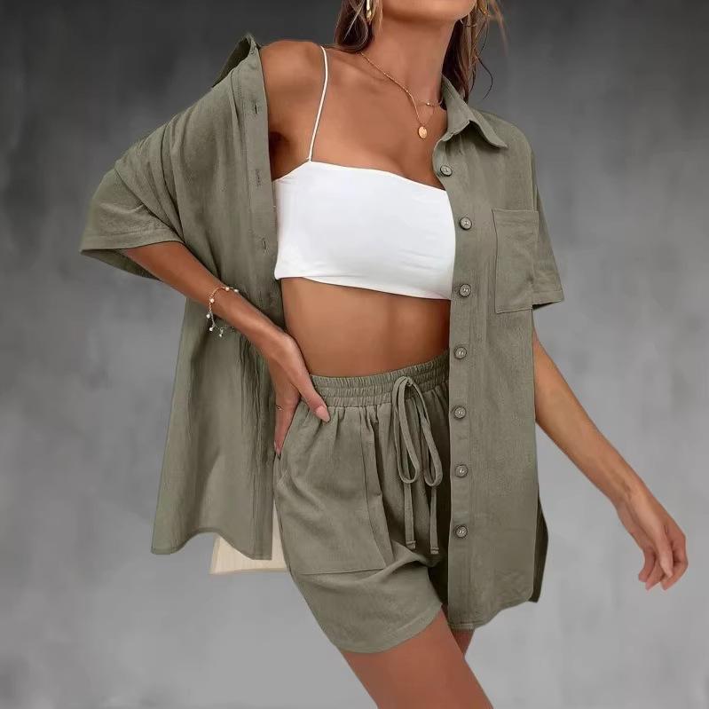 Solid Color Short Sleeve Cardigan Top and Shorts Two-Piece Set