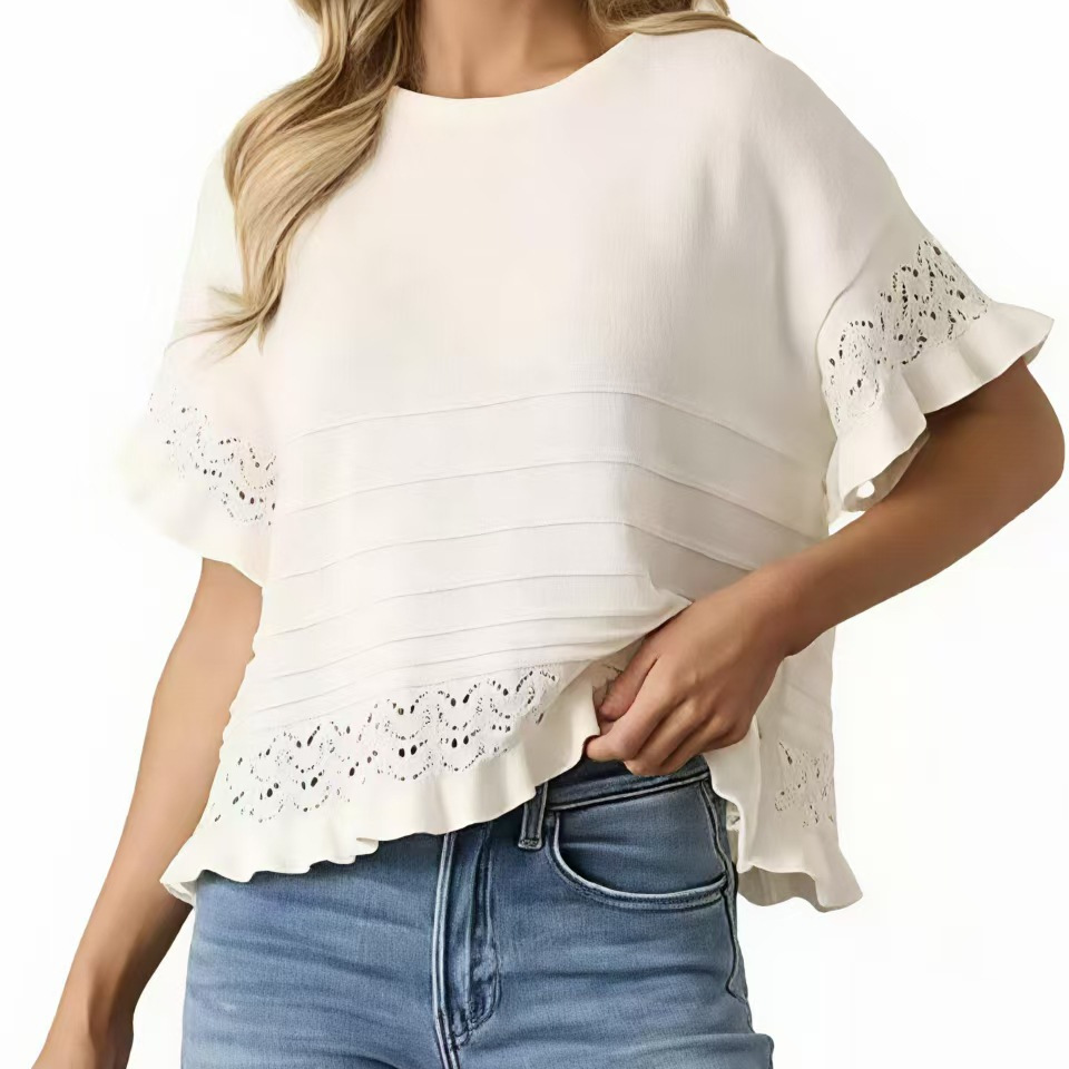 Women's Round Neck Hollow-Out Knit Short Sleeve Ruffle Loose Sweater
